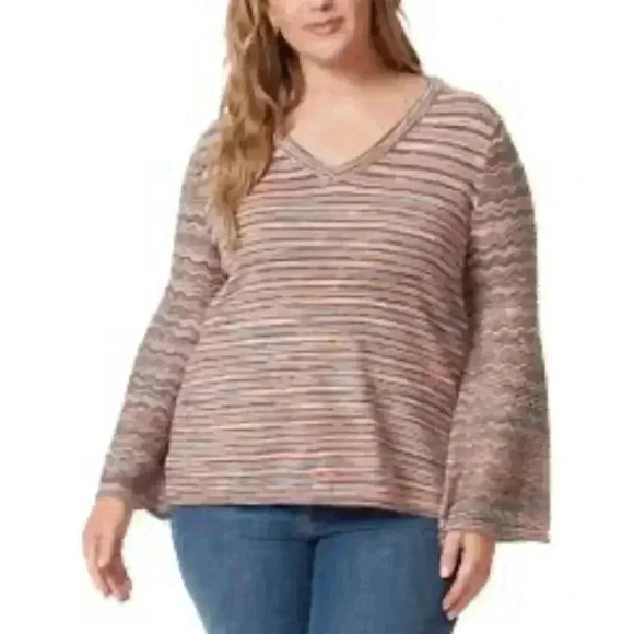 Jessica Simpson Plus 1X Flare-Sleeve V-Neck Striped Womens Sweater  Multicolor - Picture 1 of 9